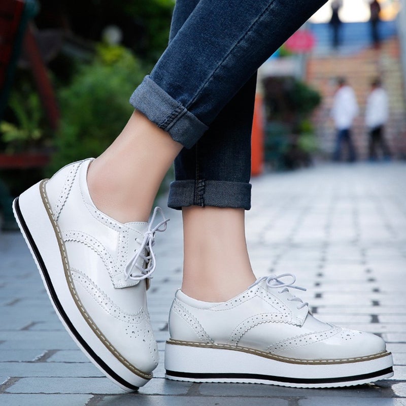 DADAWEN Women's Platform Lace-Up Wingtips Square Toe Oxfords Shoe White US Size 9/Asia Size 41/25.5cm - Image 4